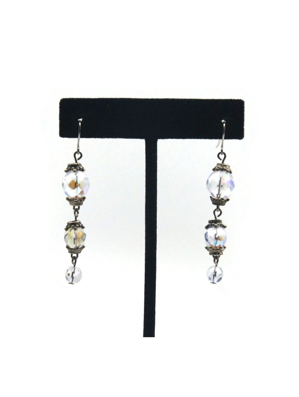 Vintage Silver Tone and Faceted AB Plastic Beads Dangle Earrings.